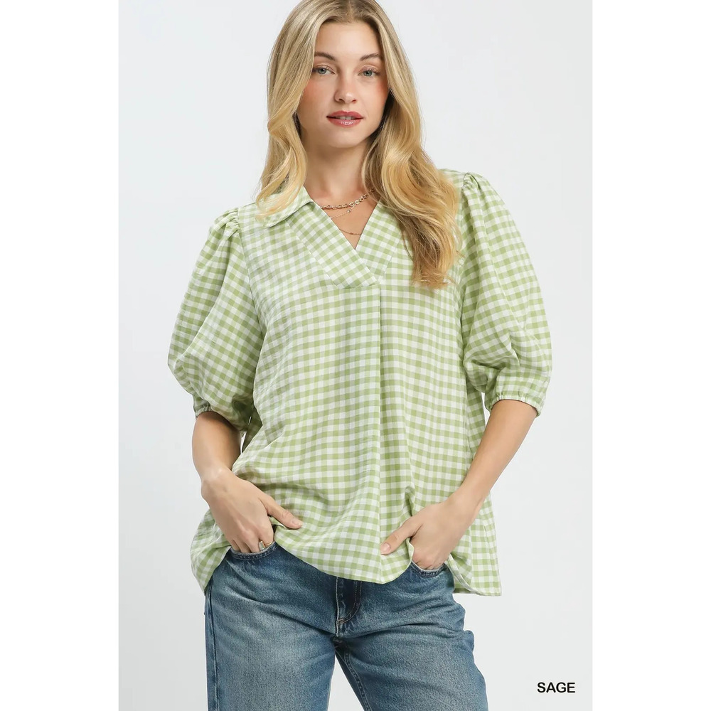 Umgee Gingham Puff Sleeve Collared Blouse